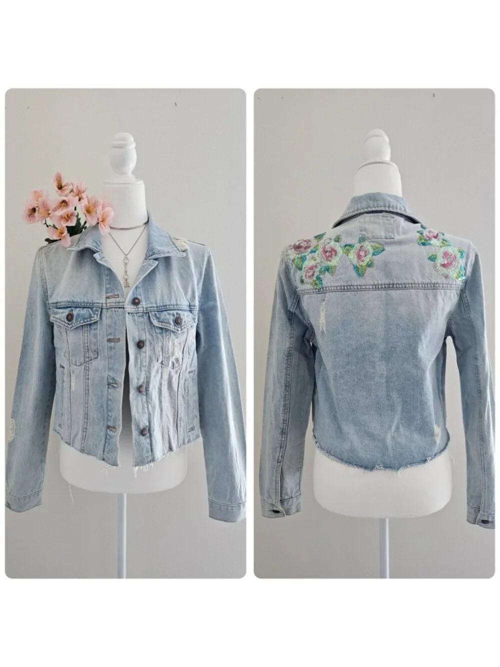 Cropped Floral Sequin Denim Jacket Light Wash NWOT Size M - Picture 1 of 13